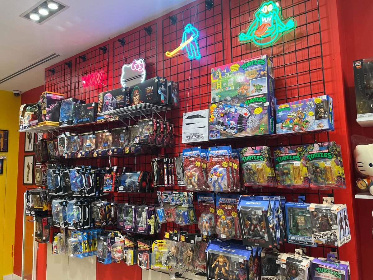 Action figures and neon signs